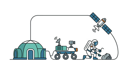 Astronaut exploring alien planet with rover and dome habitat © Mbako