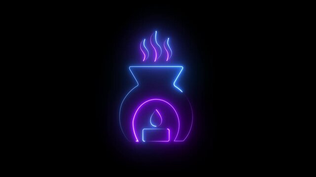 Neon aromatherapy oil burner with glowing candle and rising steam animation