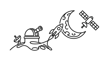 Astronomy Exploration Rocket Moon Satellite Observatory Line Art © Mbako