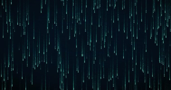 Hexadecimal code symbols cascade down in a teal circuit animation, creating a mesmerizing matrix rain background.