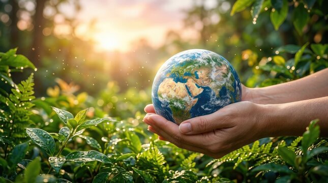 Holding the earth globe in hands with sunbeams shining over green leaves