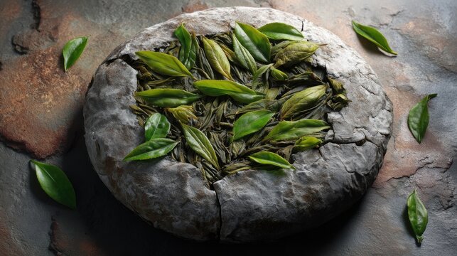 Compressed sheng pu erh tea cake with a partially broken section revealing fresh silver buds and twisted green leaves, elegant stone tea table