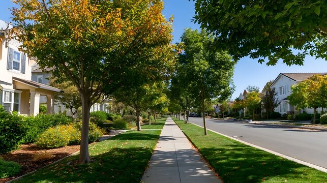 A tree lined residential street with sidewalks  lawns  and houses under a clear blue sky on a sunny day