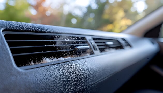 Close up of dirty car air vent with dust particles