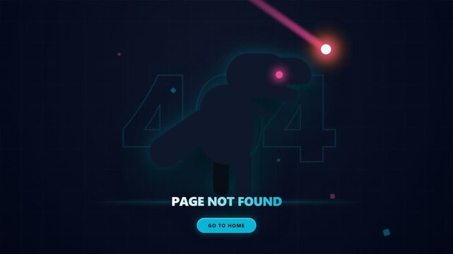 A digital screen displays a humorously gloomy dinosaur character standing before a large forty four warning sign indicating that a specific internet website address is currently missing