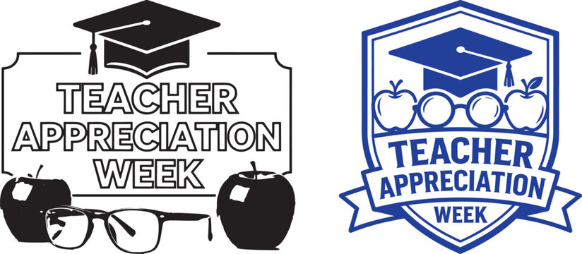 Teacher Appreciation Week vector emblems with graduation cap apples and eyeglasses for school education gratitude graphics