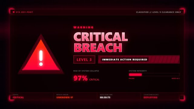 A digital interface screen displays an urgent red warning message regarding a critical security breach that requires immediate user response to address the detected unauthorized system access
