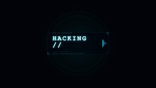 A glowing cyan digital interface displays the ominous text hacking accompanied by a futuristic console terminal window that signifies an unauthorized breach into a secure computer system network