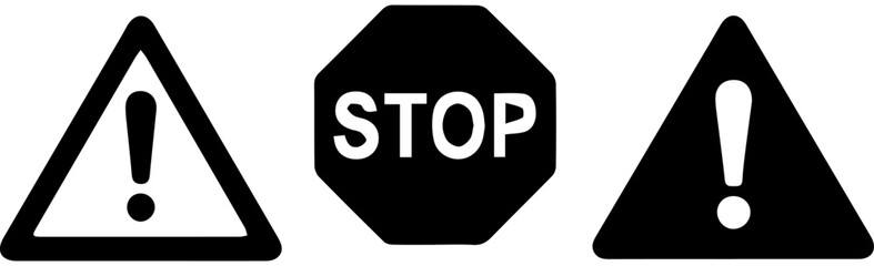 Warning and Stop Sign Icon Set Minimalist Black and White Vector Symbols for Caution and Danger © Rezowan 
