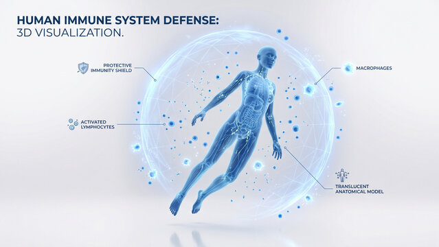 Human immune system defense 3D visualization medical illustration with protective shield