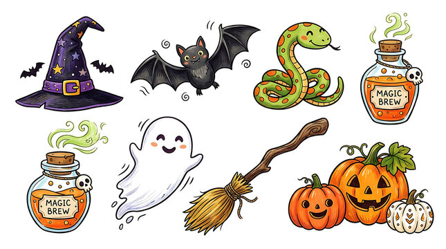 Watercolor halloween elements collection including ghost potion hat and pumpkin