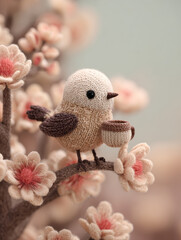 Fototapeta premium Cute knitted bird holding small cup perched on branch with soft pink knitted flowers creating warm and cozy atmosphere