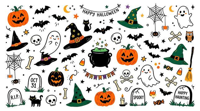 Cute halloween hand drawn illustration elements and icon collection