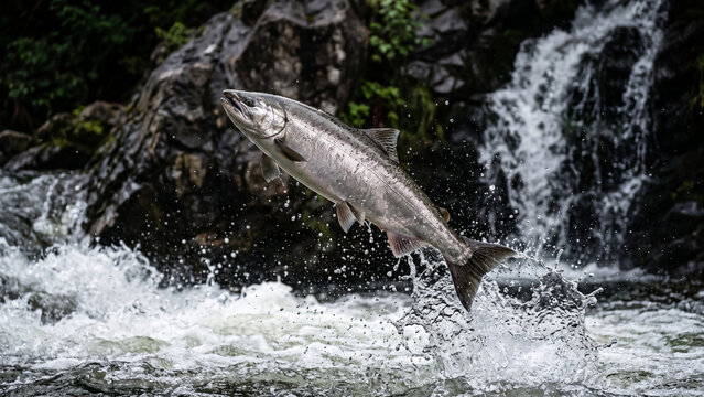 Wild salmon leaping out of rushing river water near a waterfall