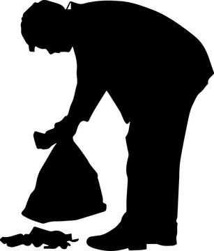 Black Silhouette of a Man Bending Over to Pick Up Trash and Putting It into a Garbage Bag