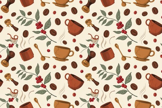 A seamless coffee themed pattern featuring brown coffee cups, roasted beans, coffee cherries on branches, tampers, and spoons on a beige background