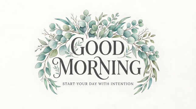 Good morning start your day with intention inspirational quote framed with elegant watercolor green eucalyptus leaves