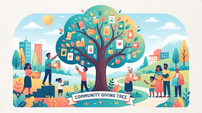 Diverse people donating to a community tree. Charity concept with volunteers helping others.