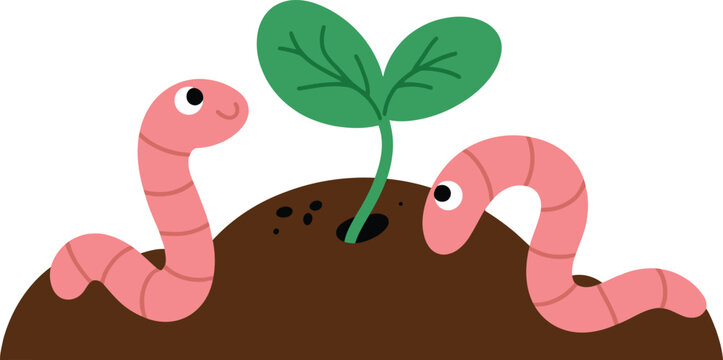Pink earthworms and plant sprout vector illustration