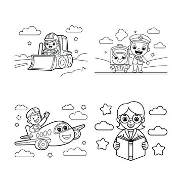 Little people professions coloring book pages cute illustration vector.