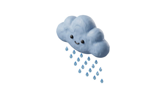 Cute 3D render of a smiling gray rain cloud with raindrops isolated on a white background