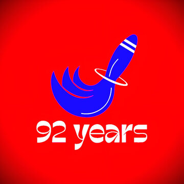 92 years anniversary with blue brush isolated on red background