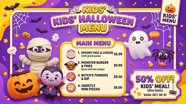 Kids halloween menu template with cute cartoon characters and pumpkin, halloween