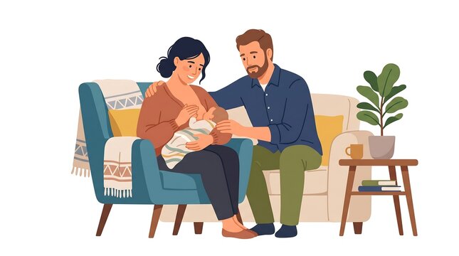 Supportive Father with Mother Breastfeeding Newborn Baby at Home Flat Vector Illustration