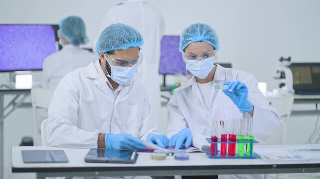 Woman in mask and goggles examining small sample while man reviews paperwork at bench with colored test tubes, laboratory teamwork.