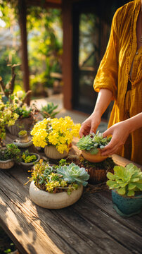 Woman gardener planting succulent in ceramic pot on wooden table. Decorative indoor plant arrangement for home decor. Creative hobby and leisure activity in garden at sunny summer day.