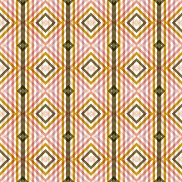 A seamless abstract geometric pattern combining classic plaid stripes with concentric diamond shapes in a warm color palette of pink, brown, and mustard gold
