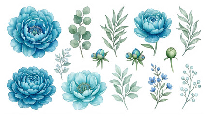 Fototapeta premium Watercolor blue flowers and green leaves arrangement