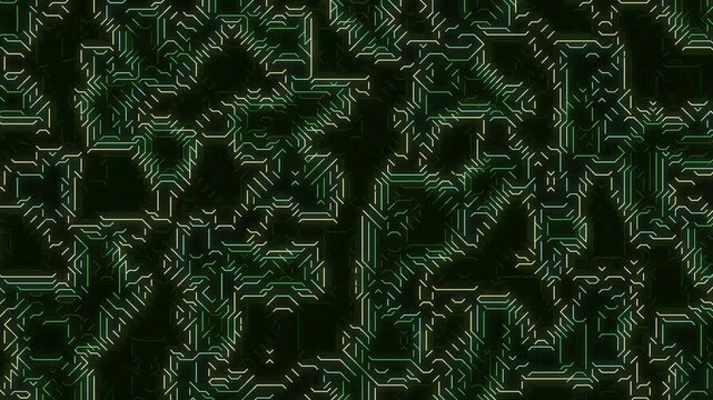 Green digital electronic circuit board pattern for tech backgrounds, web design, or futuristic concept art projects. Geometric grid texture.
