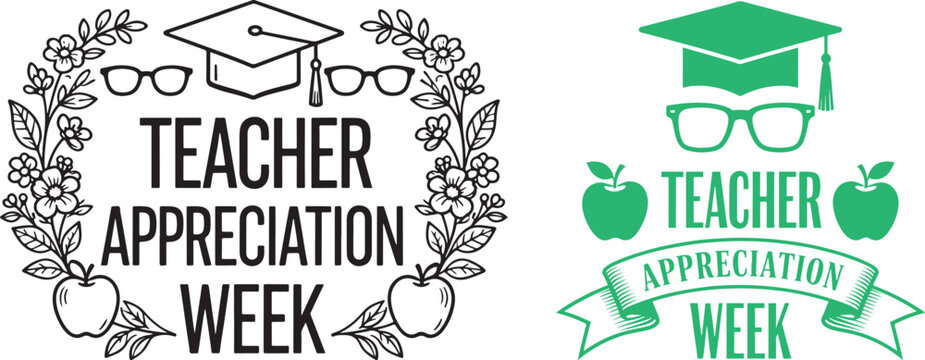 Teacher appreciation week vector graphic set with graduation cap glasses and apple emblems for school celebration