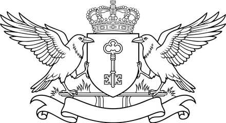 Obraz premium Heraldic Crest with Ravens Crown and Key Vector Illustration