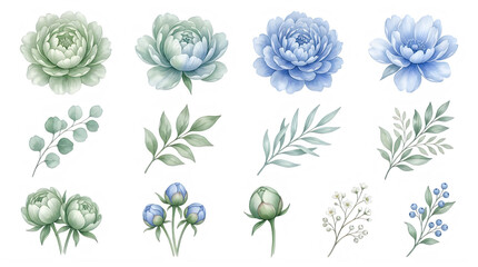 Fototapeta premium Watercolor Floral Illustrations of Roses and Botanical Elements in Soft Pastel Colors