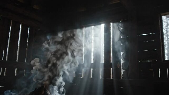 Cinematic sunlight beams through smoke in a dark rustic cabin