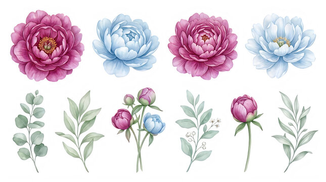 Watercolor illustration of pink and blue roses with buds and leaves on white background