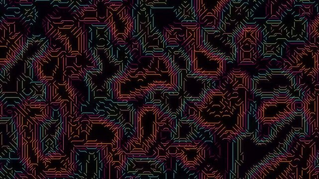 Abstract glowing red blue geometric circuit digital pattern dark neon background lines. Suitable for technology, digital concept designs, futuristic themes.