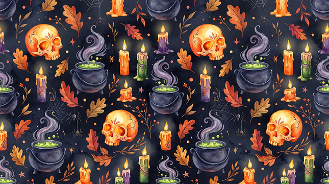 Spooky halloween seamless pattern with skulls cauldrons and candles, halloween