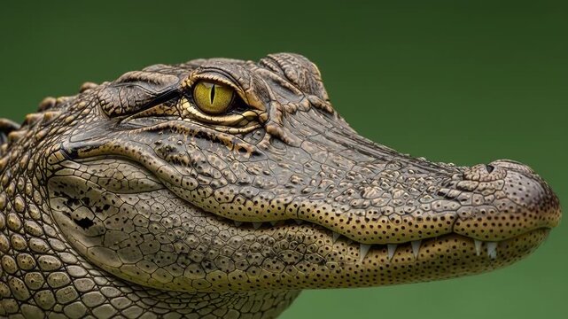 A close up profile view of an american alligator head with piercing eyes