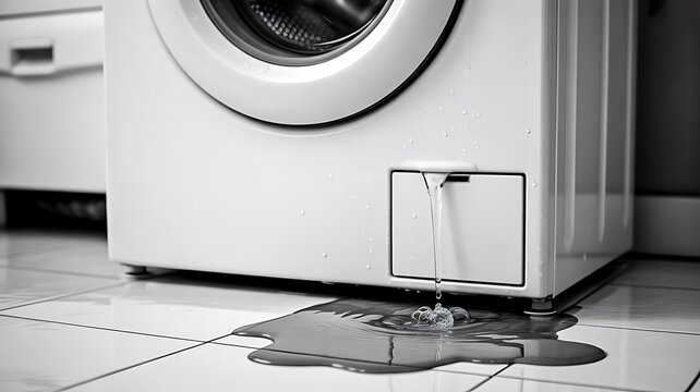 Leaking washing machine with water on floor illustrating household appliance maintenance problem