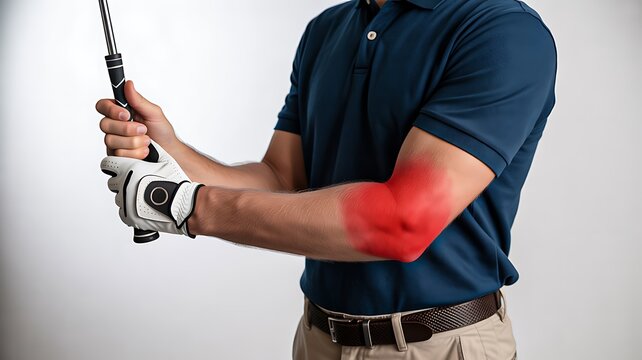 Golfer holding club with highlighted elbow pain illustrating sports injury and rehabilitation concept