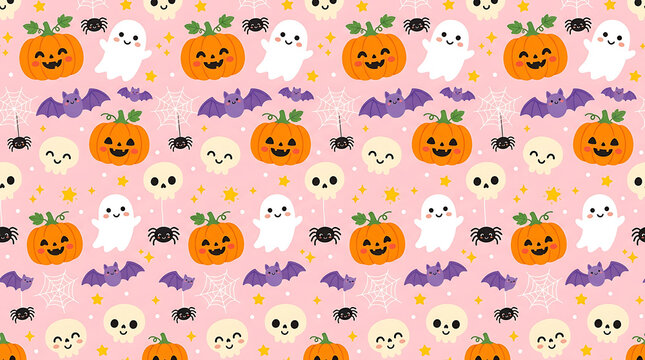 Kawaii halloween seamless background with pumpkins and ghosts, halloween