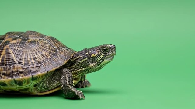 A close up view of a painted turtle isolated on a solid green background