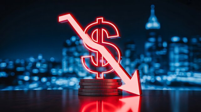 Declining dollar symbol with downward arrow representing financial loss and economic recession