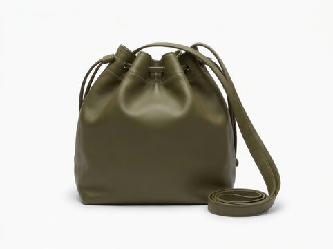 Olive Green Leather Bucket Bag with Drawstring Top