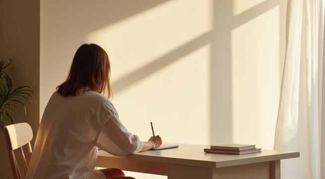 Woman sitting at a desk writing in a notebook with a pen