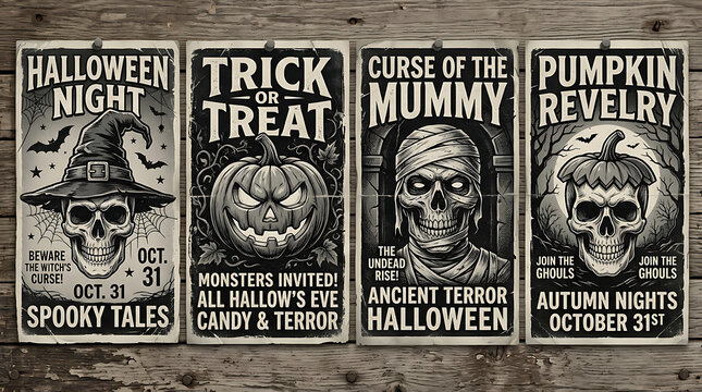 Set of four vintage style halloween themed posters featuring skulls and pumpkins