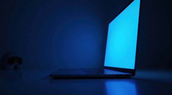 Laptop computer sitting on a table with a blue screen